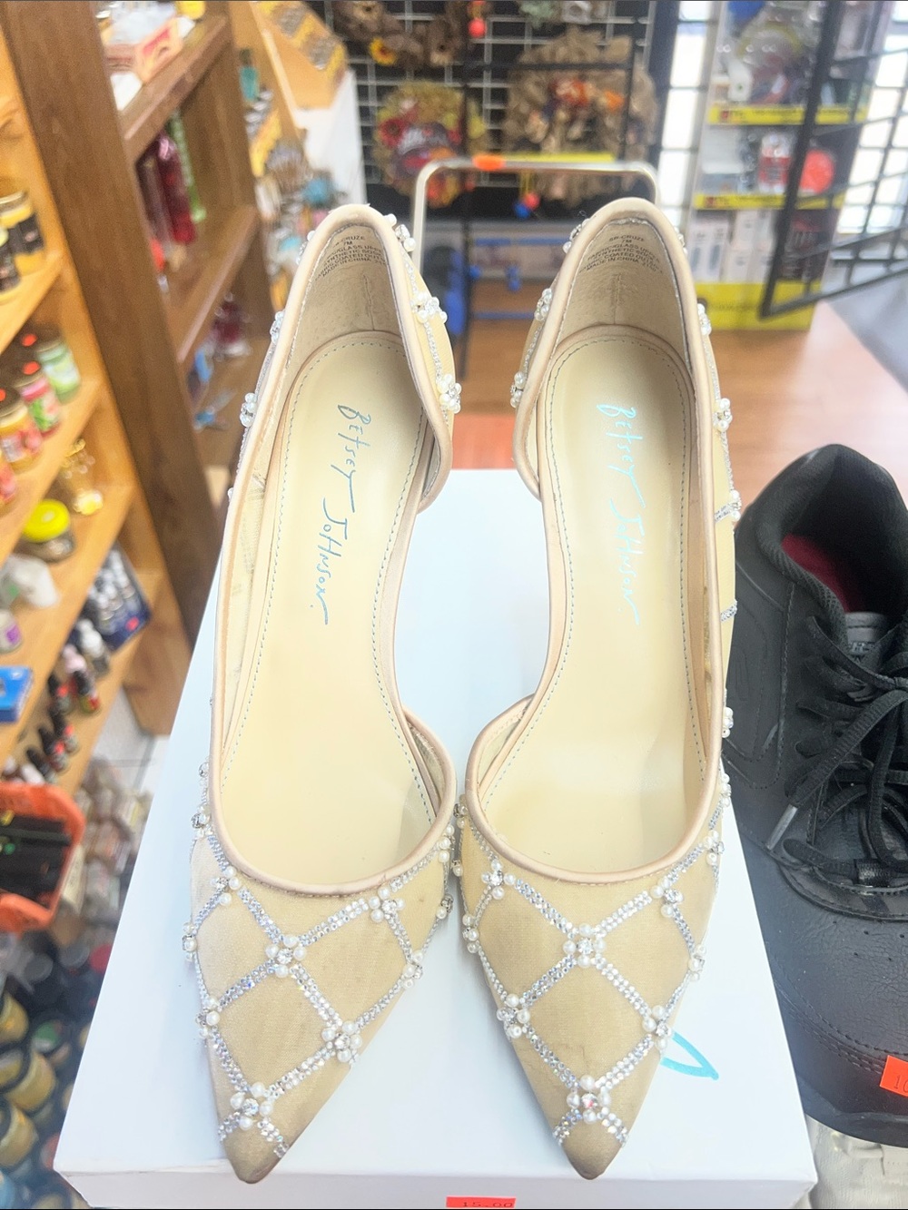Betsey Johnson Nude Crystal & Pearl Embellished Pointed Heels